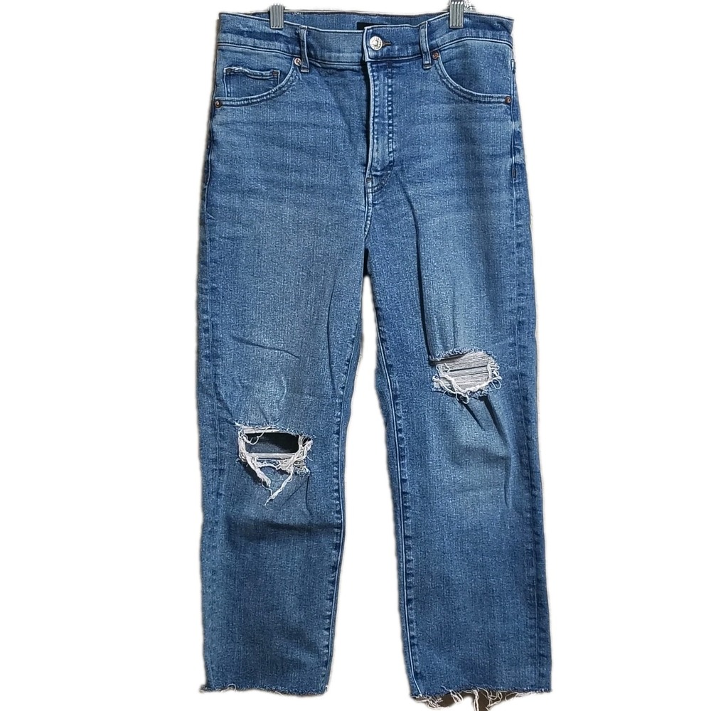 Express Modern Straight High Rise Jean Women SZ 6S Light Wash Blue Denim Raw Hem